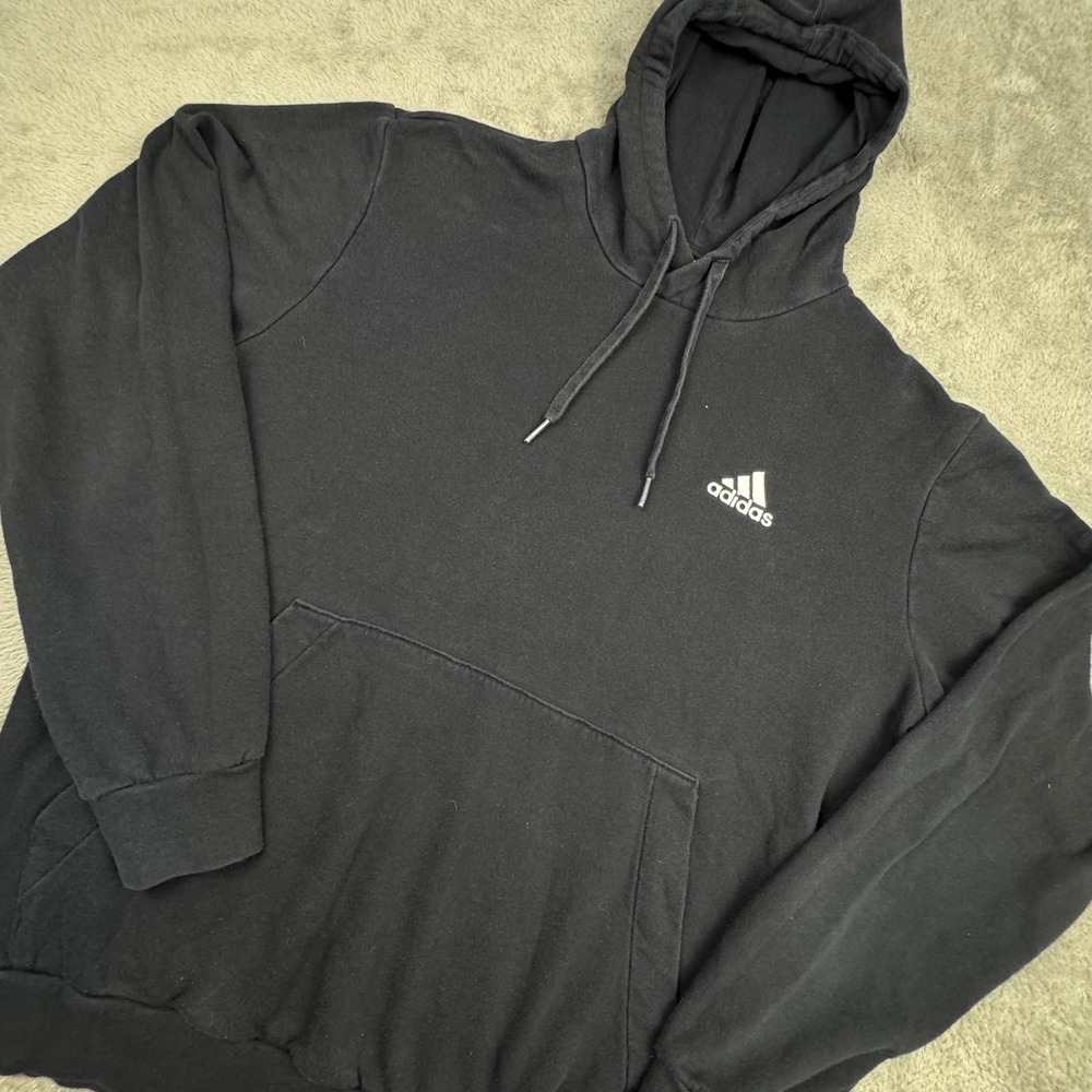 Adidas Hoodie Mens Large Black Excellent GV5294 Fleece Pullover Logo Sweatshirt